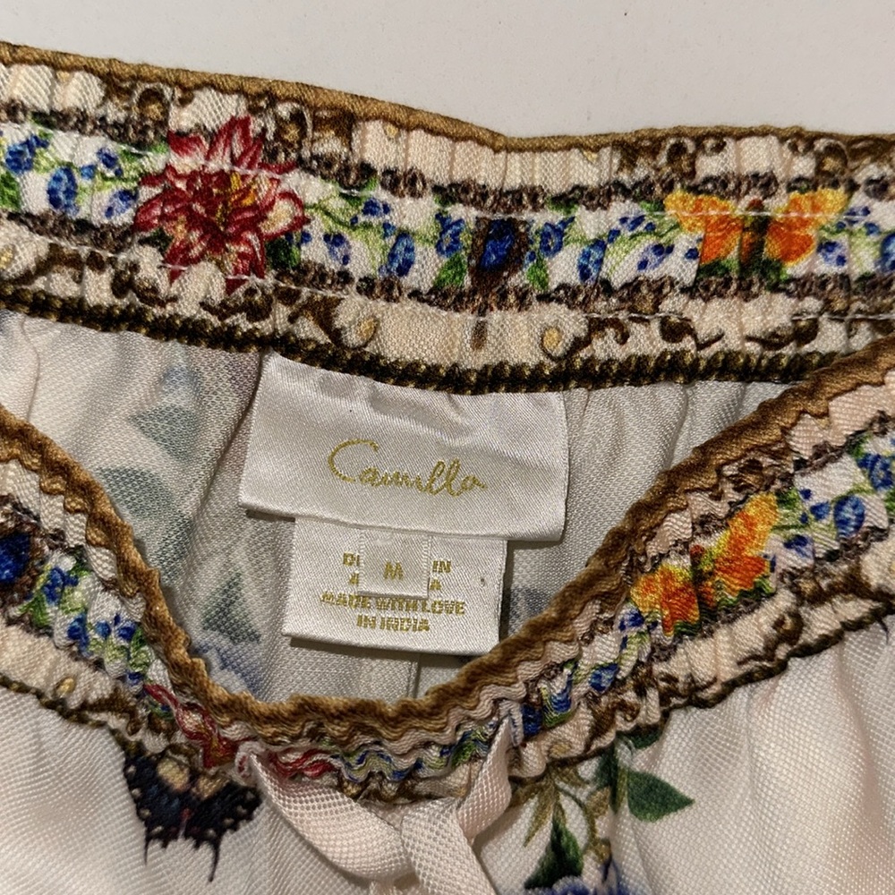Camilla “Queens Bee Hive” Cream Linen Floral Print Wide-Leg Lounge Pants M - Picture 11 of 12